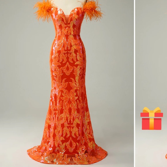 Zapaka Orange Sequin Off the Shoulder Mermaid Prom Dress with Feathers - Picture 1 of 5